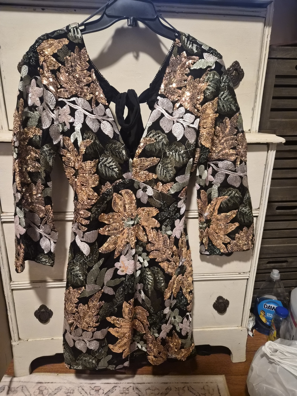 NWT Anthropologie Floral Sequin Embroidered Open Back Cocktail Dress Size 4